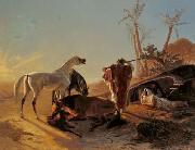 Rastendes Beduinenpaar mit Araberpferden